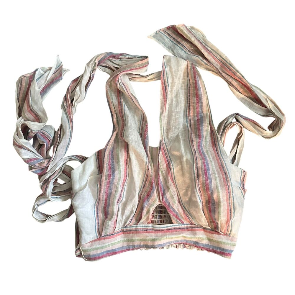 Amanda Uprichard Linen Pink & Blue Striped Glitter Neck Tie Halter Top Size S